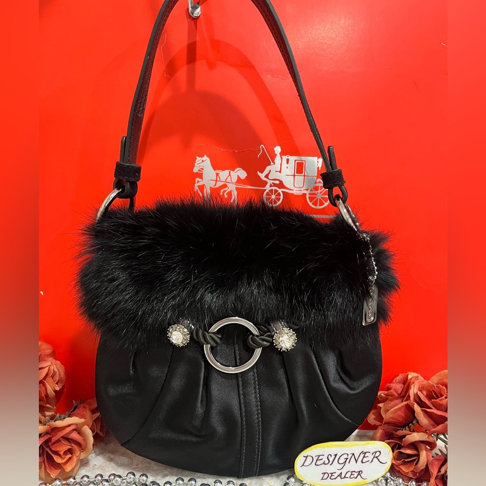 COACH Limited Edition Black Rabbit Fur Satin Swarovski Evening Bag 3580